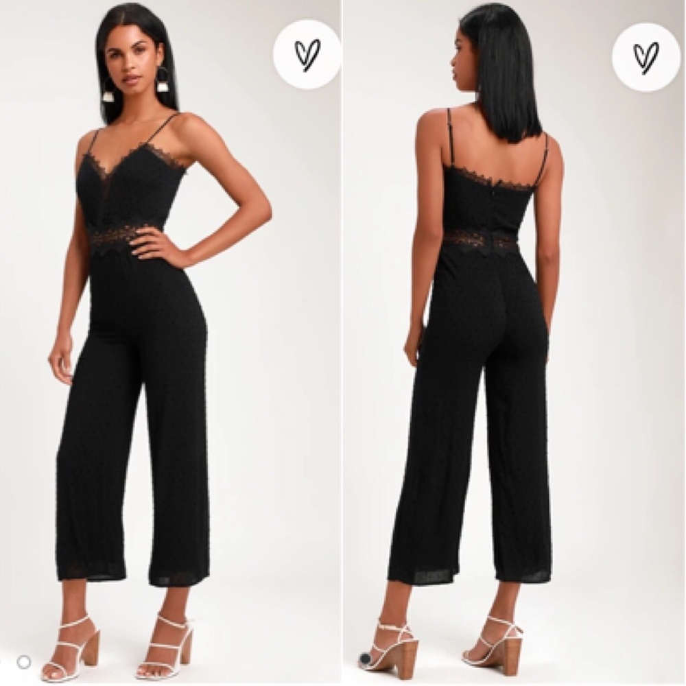 Lulus Leeta Black Swiss Dot Lace Wide-Leg Jumpsuit M